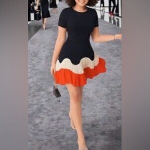 Chic Wavy Hem Dress in Black, Cream, and Orange